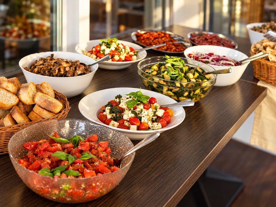 Antipasti-Auswahl mit Tomaten, Gemüse, Käse und Brot – nach dem Originalbuffet gestaltet