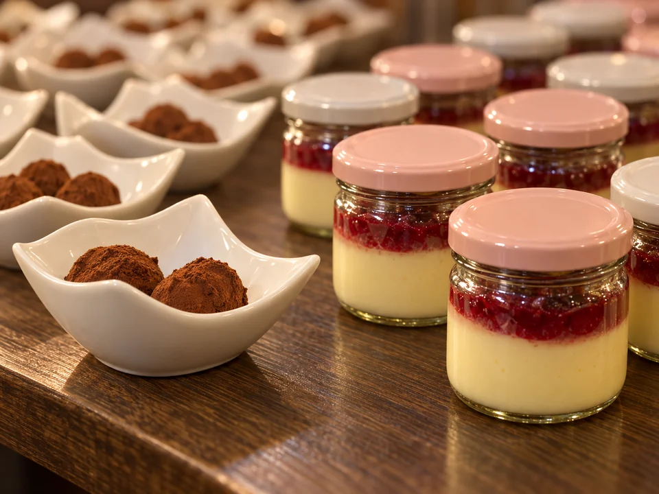 Dessertgläschen und kleine Süßspeisen in weißen Schalen – Detail nach dem Original-Dessertbuffet
